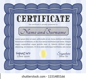 Blue Diploma or certificate template. Money style design. With complex linear background. Vector illustration. 