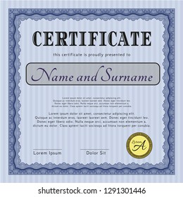 Blue Diploma or certificate template. Money Pattern design. With quality background. Detailed. 