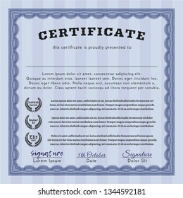 Blue Diploma or certificate template. Money Pattern. Vector illustration. With guilloche pattern. 