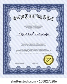 Blue Diploma or certificate template. Money style design. With guilloche pattern. Customizable, Easy to edit and change colors. 