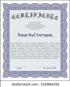 Blue Diploma or certificate template. Printer friendly. Detailed. Elegant design. 