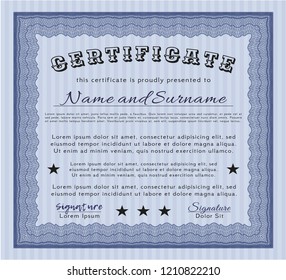 Blue Diploma or certificate template. With quality background. Retro design. Vector illustration. 