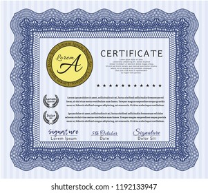 Blue Diploma or certificate template. Sophisticated design. Detailed. With complex background. 