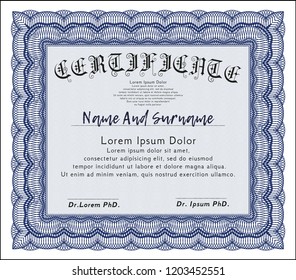 Blue Diploma or certificate template. Sophisticated design. Detailed. Easy to print. 