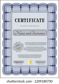 Blue Diploma or certificate template. Sophisticated design. Customizable, Easy to edit and change colors. Printer friendly. 
