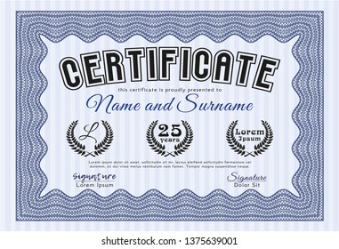 Blue Diploma or certificate template. Sophisticated design. With quality background. Detailed. 