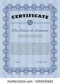Blue Diploma or certificate template. Sophisticated design. With linear background. Vector illustration. 