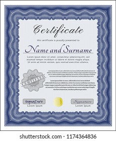 Blue Diploma or certificate template. Superior design. With guilloche pattern and background. Vector illustration. 