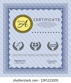 Blue Diploma or certificate template. Superior design. Detailed. With guilloche pattern and background. 