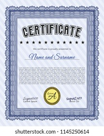 Blue Diploma or certificate template. Vector illustration. With background. Money design. 