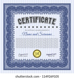 Blue Diploma or certificate template. Vector illustration. With complex background. Money design. 
