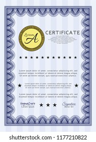 Blue Diploma or certificate template. Vector illustration. Complex background. Money Pattern. 