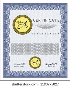Blue Diploma or certificate template. Vector illustration. With linear background. Sophisticated design. 