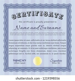 Blue Diploma or certificate template. Vector illustration. With quality background. 