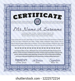 Blue Diploma or certificate template. Vector illustration. Complex background. Sophisticated design. 