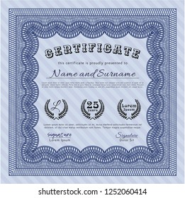 Blue Diploma or certificate template. Vector illustration. With complex background. Artistry design. 