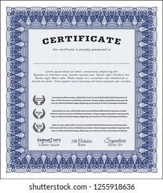 Blue Diploma or certificate template. Vector illustration. With complex background. Retro design. 