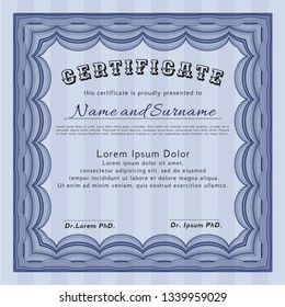 Blue Diploma or certificate template. Vector illustration. With linear background. Artistry design. 