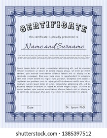 Blue Diploma or certificate template. Vector illustration. Easy to print. Artistry design. 