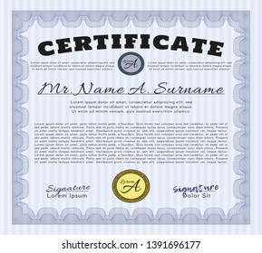 Blue Diploma or certificate template. Vector illustration. With guilloche pattern. Good design. 