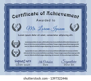 Blue Diploma or certificate template. Vector illustration. With guilloche pattern. Good design. 