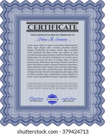 Diploma azul o plantilla de certificado. Ilustración vectorial. Con un fondo complejo. Bonito diseño. 