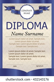 Blue diploma or certificate or vertical  template. The text on separate layers. Award winner. Reward. Winning the competition. Vector illustration.