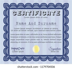 Blue Diploma. Complex background. Detailed. Money Pattern design. 