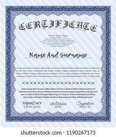 Blue Diploma. Complex background. Money Pattern. Vector illustration. 