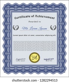 Blue Diploma. Cordial design. With background. Vector illustration. 