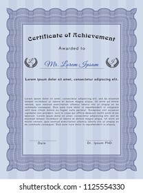 Blue Diploma. Cordial design. Customizable, Easy to edit and change colors. With great quality guilloche pattern. 