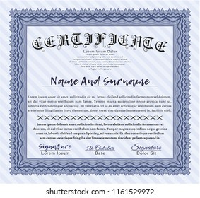 Blue Diploma. Cordial design. Vector illustration. With guilloche pattern. 