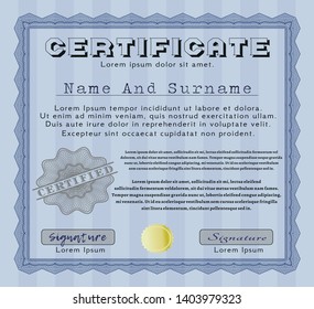 Blue Diploma. Customizable, Easy to edit and change colors. With complex linear background. Good design. 