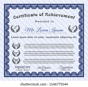 Blue Diploma. Detailed. With complex linear background. Money design. 