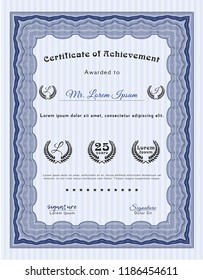 Blue Diploma. Elegant design. Detailed. With guilloche pattern and background. 