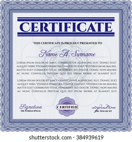 Blue Diploma. Good design. Border, frame. With background. 