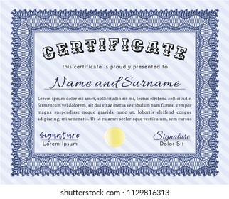 Blue Diploma. With great quality guilloche pattern. Customizable, Easy to edit and change colors. Lovely design. 