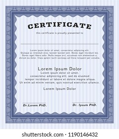 Blue Diploma. With guilloche pattern and background. Lovely design. Detailed. 