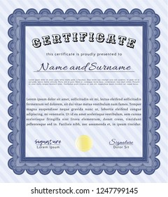 Blue Diploma. With guilloche pattern and background. Vector illustration. Money design. 