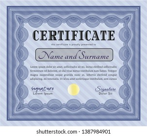 Blue Diploma. With guilloche pattern and background. Vector illustration. Cordial design. 