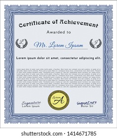 Blue Diploma. With guilloche pattern and background. Elegant design. Customizable, Easy to edit and change colors. 