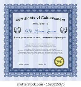 Blue Diploma. With guilloche pattern and background. Detailed. Artistry design. 