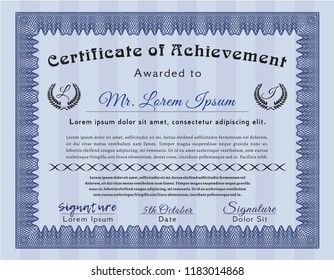 Blue Diploma. With guilloche pattern. Retro design. Detailed. 
