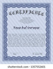 Blue Diploma. With guilloche pattern. Retro design. Vector illustration. 