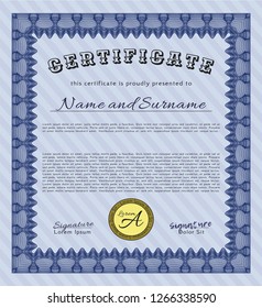 Blue Diploma. Modern design. Detailed. With guilloche pattern and background. 