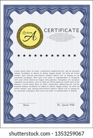 Blue Diploma. Money Pattern design. With complex linear background. Detailed. 