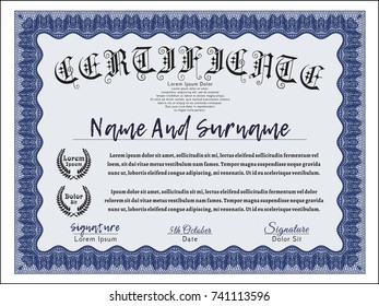 Blue Diploma. Money Pattern design. With complex background. Detailed. 