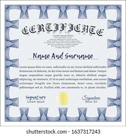 Blue Diploma. Money style design. With quality background. Detailed. 