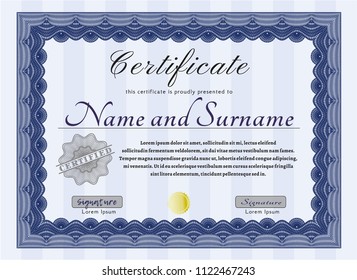Blue Diploma. Perfect design. Printer friendly. Vector illustration. 