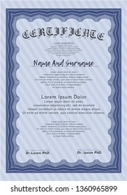 Blue Diploma. Printer friendly. Vector illustration. Superior design. 